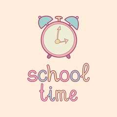 Vector illustration of cute vintage alarm clock and text School time. Children education icon. Cute school background.