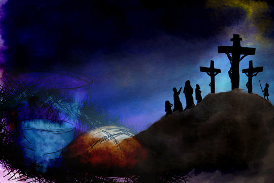 Fasting symbols of bread and water with Crucifixion of Jesus Christ on Calvary hill. abstract artistic modern digital pastel style illustration for Holy Week, Passion of Christ, Good Friday
