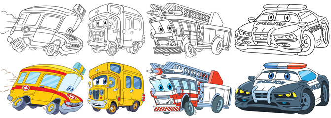 Cartoon transport set. Collection of vehicles. Ambulance, school bus, fire truck, police car. Coloring book pages for kids.