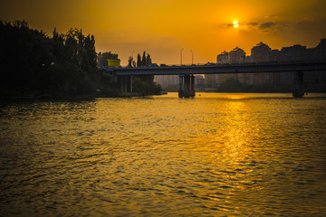 Sunset on the river Kuban in the Krasnodar city, Russia