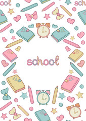 Vector cute school seamless pattern frame with diary, alarm clock, colored pencils, bow, heart, star and text school.