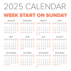 Simple 2025 year calendar
