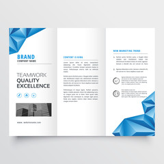 tri-fold brochure flyer design with geometric blue abstract shapes