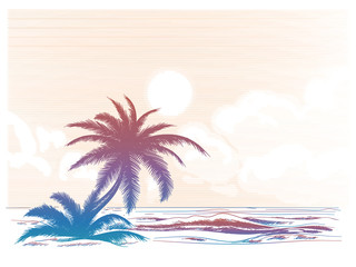 Fototapeta na wymiar Colorful sketch summer landscape with palm tree and beach. Vector illustration