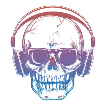 Colorful sketch of skull and headphones. Vector human skull music lover isolated on white illustration