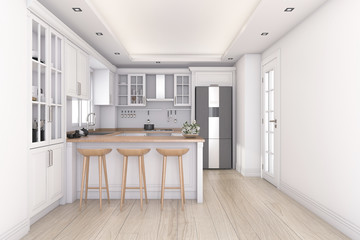 3d rendering white clean kitchen and bar