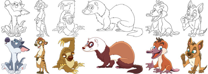 Cartoon animals set. Collection of wild predators. Howling wolf (coyote), suricate, sloth, ferret (polecat, weasel, marten), platypus (duckbill), hyena (jackal). Coloring book pages for kids.