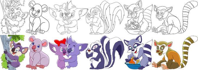 Cartoon animals set. Collection of fluffy mammals. Koala bears, bad smelling skunk, raccoon washing dirty clothes, ring-tailed lemur. Coloring book pages for kids.
