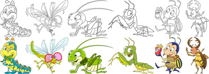 Cartoon animals set. Collection of garden insects and bugs. Caterpillar, dragonfly, grasshopper, mantis, colorado potato beetle, stag bug. Coloring book pages for kids.