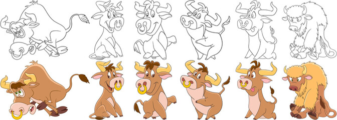 Cartoon animals set. Collection of farm cattle. Bull, american buffalo, bison, ox, yak, calf. Coloring book pages for kids.