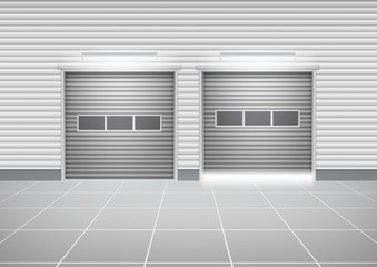 Storefront or shopfront is a facade or commercial building. Exterior with door and floor or entryway for retail shop or store. Protection with security shutter or roller door. Vector illustration.