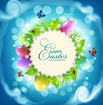 Vector for Easter with a round card for text, eggs, grass and flowers around on a background of blue sky and clouds