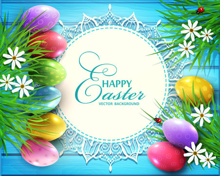 Vector background for Easter. Colored eggs, flowers, daisies, grass lying on a blue wooden board