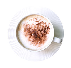 Top view of hot coffee cappuccino isolated on white background, clipping path included