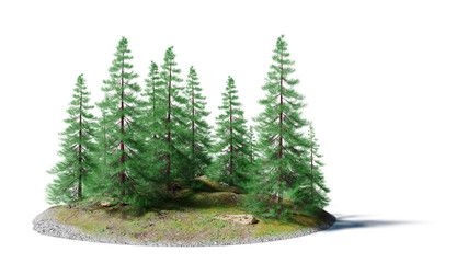 serene landscape with pine trees on a small rocky island isolated on white background © dottedyeti