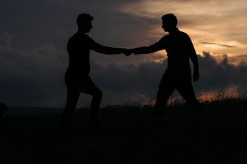 Fototapeta na wymiar teamwork of two man at the top of mountain. silhouette at sunset