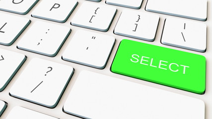 Macro shot of white computer keyboard and green select key. Conceptual 3D rendering