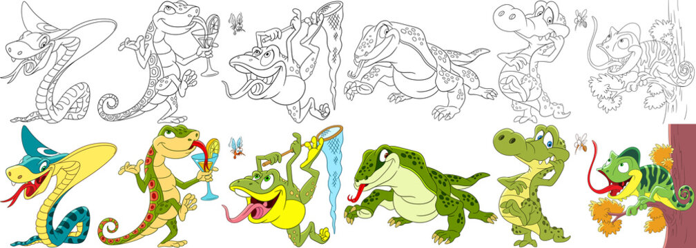 Cartoon animals set. Collection of reptiles and amphibians. King cobra snake, gecko (salamander), frog, lizard, komodo varan, crocodile (alligator), chameleon. Coloring book pages for kids.