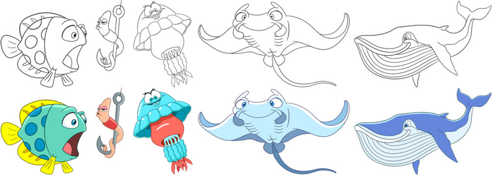 Cartoon animals set. Collection of fishes. Underwater fish, worm making air kiss, jellyfish (medusa), manta ray (stingray), blue whale (cachalot). Coloring book pages for kids.