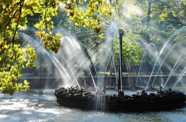 fountain, fountain in Petrodvorets, fountain of the sun, jets of water, fountain in autumn Park, leaves in the sunlig
