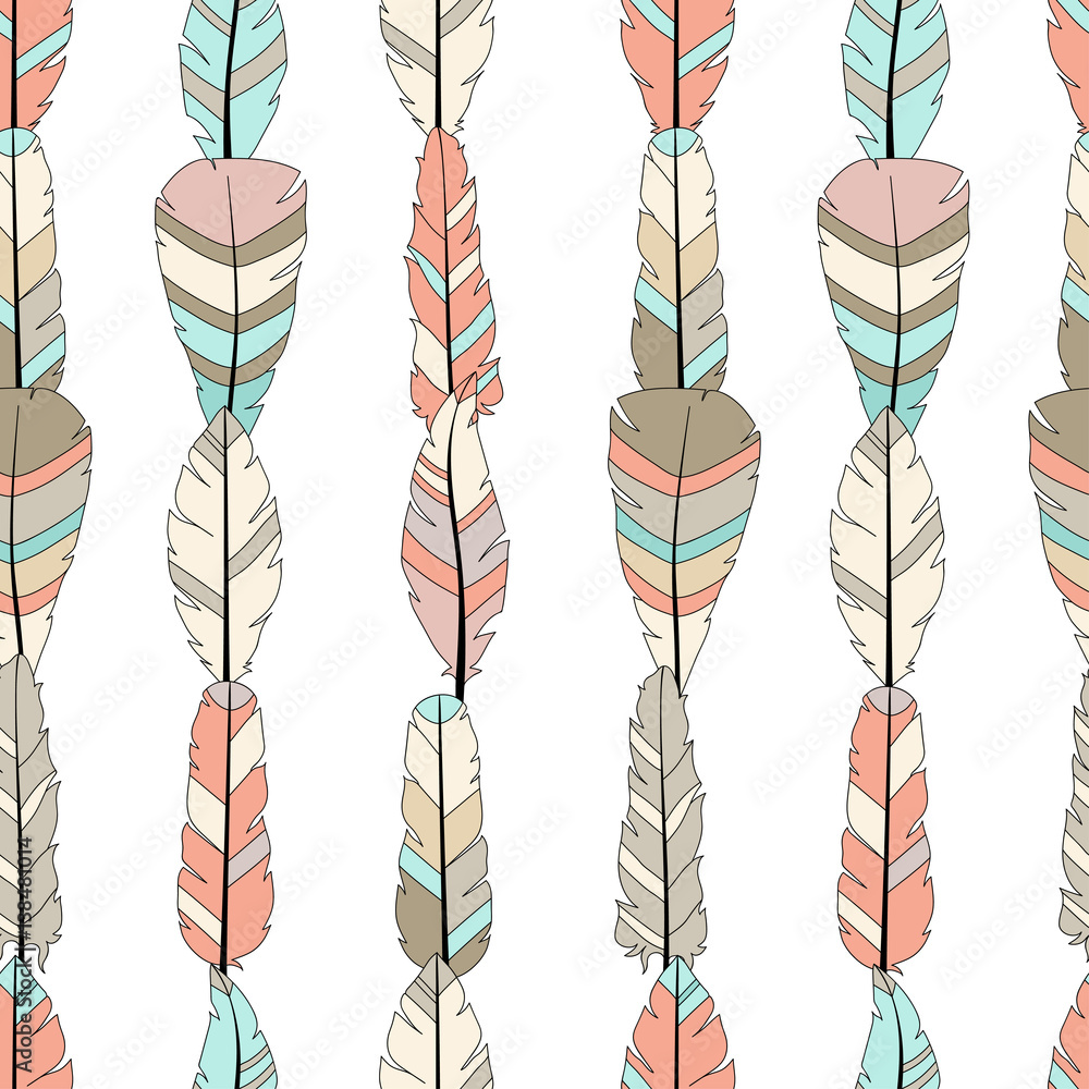 Poster seamless vector pattern with colored feathers on white. hand drawn illustration. bohemian style feat