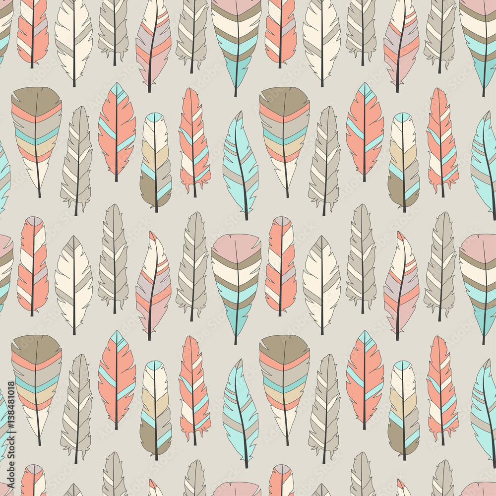 Poster seamless vector pattern with colored feathers. hand drawn illustration. bohemian style feathers for 