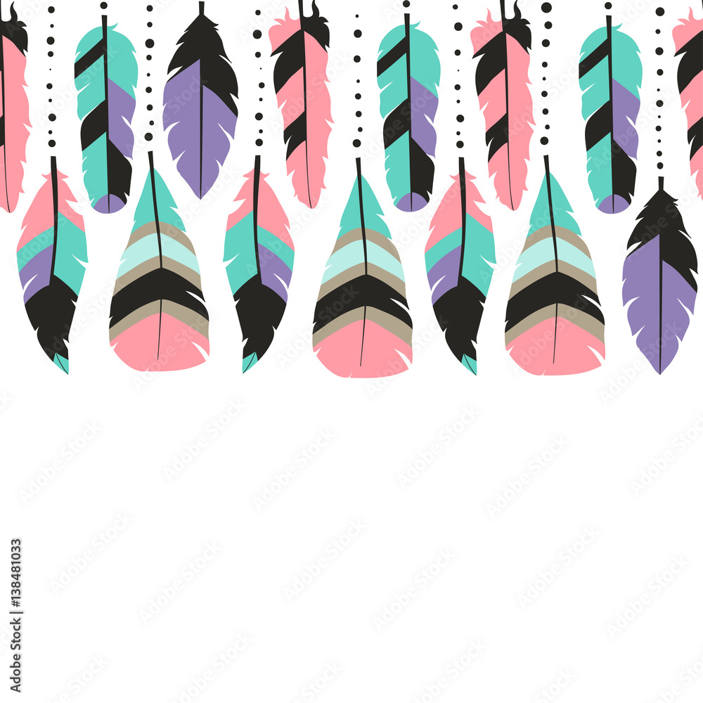 Poster frame with colorful feathers. beautiful hand-drawn background for invitations, save the date cards a