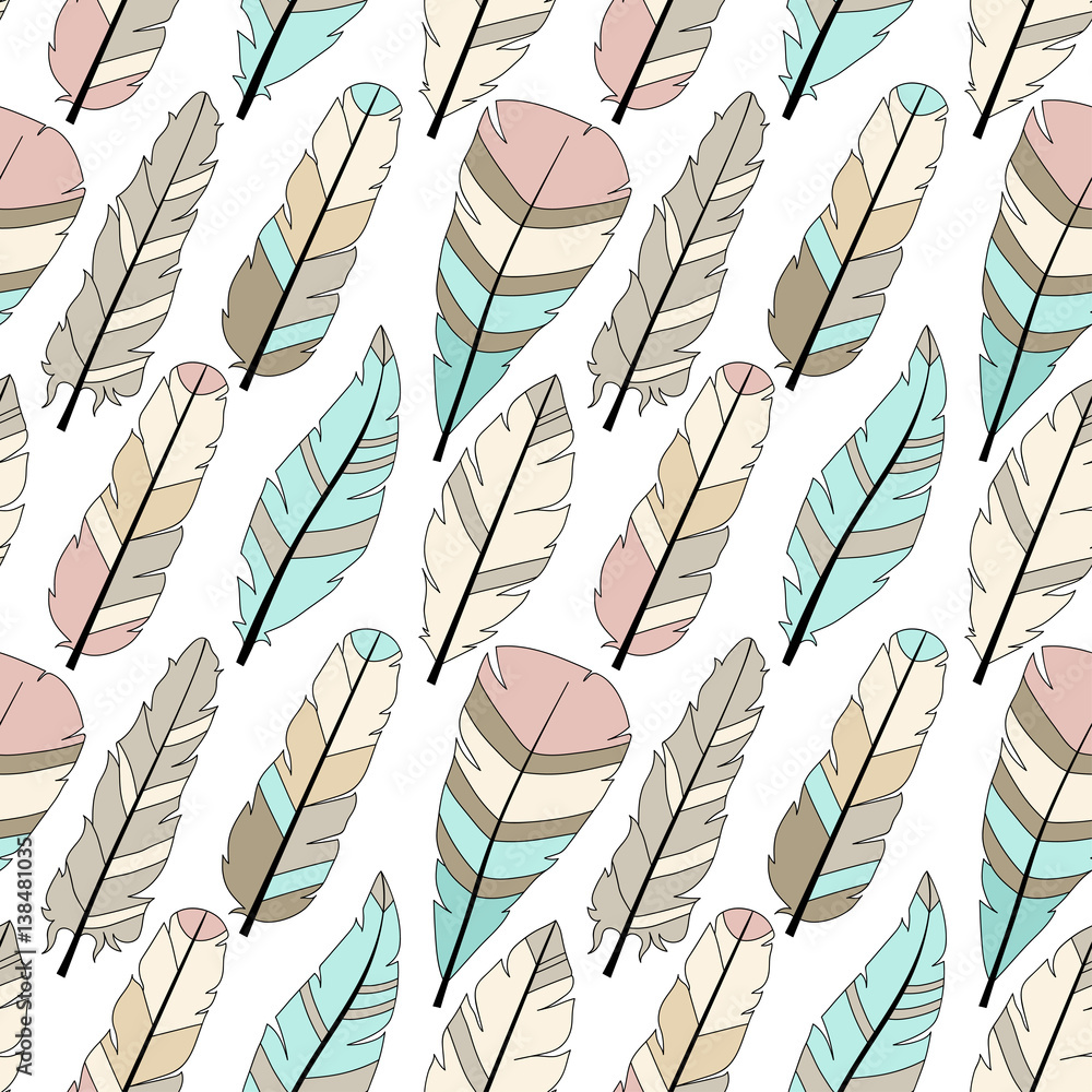 Poster seamless vector pattern with colored feathers. hand drawn illustration. bohemian style feathers for 