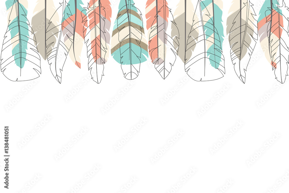 Poster frame with colorful feathers. beautiful hand-drawn background for invitations, save the date cards a