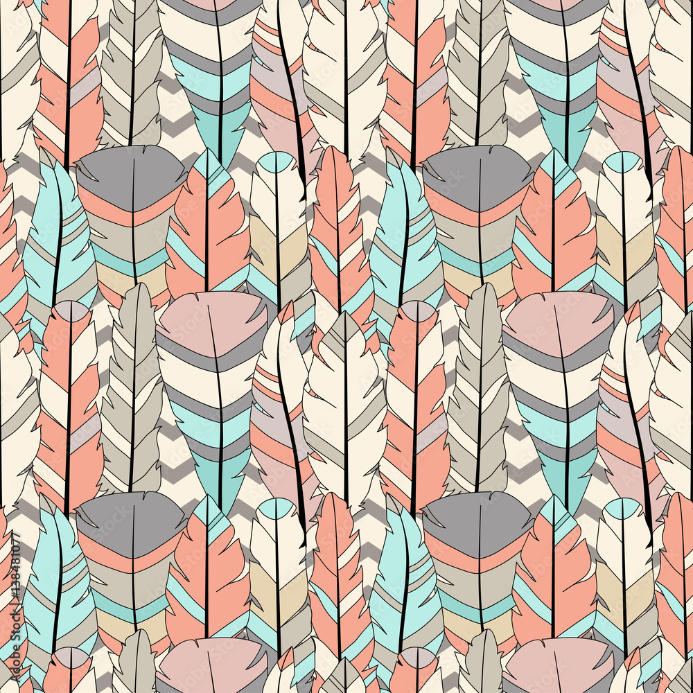 Poster seamless vector pattern with colored feathers on zigzag background. hand drawn illustration. bohemia