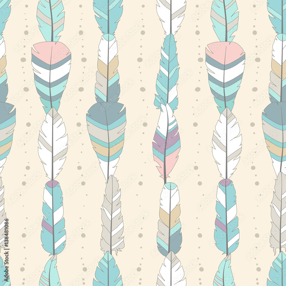 Poster seamless vector pattern with colored feathers. hand drawn illustration. bohemian style feathers for 