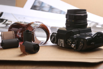 Photographic film rolls, cassettes and camera . Analog film strips Analog photography.
