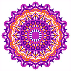 Fototapeta na wymiar Bright circular ornament consists of simple shapes. Stylized ethnic motive. Mandala in purple and orange colors.