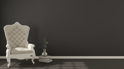 Classic dark living background, with white vintage armchair on herringbone natural parquet flooring, interior design