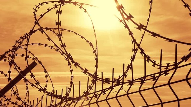 Prison barbed wire fence at sunset