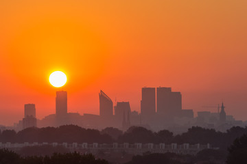 Tall buildings of the The Hague CBD at sunrise