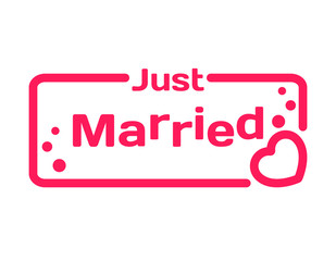 Just Married badge with heart icon flat vector illustration on white background. Wedding theme in dialog bubble. Romantic quotes stamp