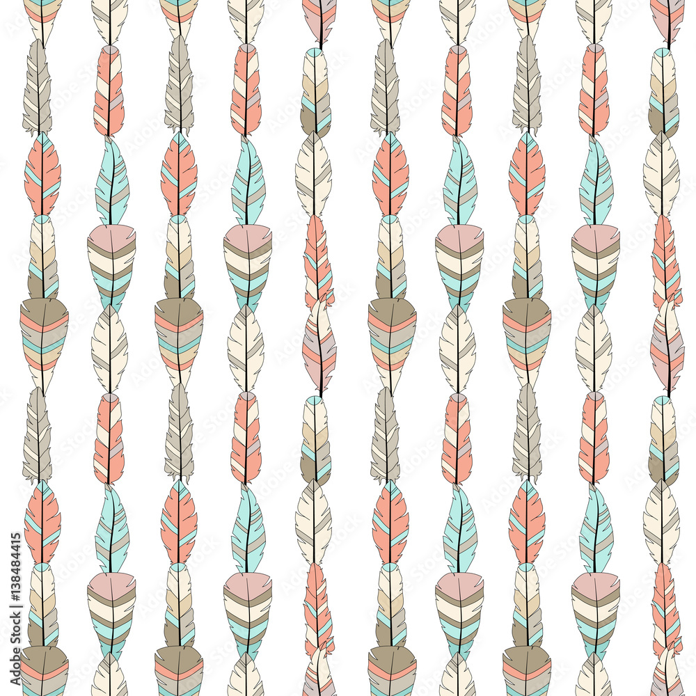 Poster seamless vector pattern with colored feathers on white. hand drawn illustration. bohemian style feat