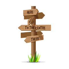 Wooden arrow vector direction signboard. Wood sign post concept with grass. Board pointer illustration with text isolated on a white background
