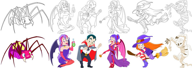 Cartoon halloween set. Holiday collection. Giant spider, witches with toxic poison, magic wand and broomstick, man in a costume of vampire Dracula, egyptian mummy. Coloring book pages for kids.