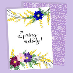 Spring card with mimosa and other flowers. Spring melody.