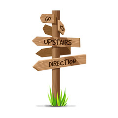 Wooden arrow vector direction signboard. Wood sign post concept with grass. Board pointer illustration with text isolated on a white background