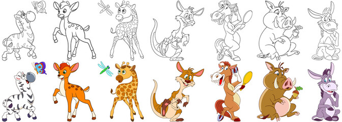 Cartoon animals set. Zebra and butterfly, young deer, giraffe and dragonfly, jumping kangaroo, girlish horse with mirror, boar with acorn, dreamy donkey. Coloring book pages for kids.