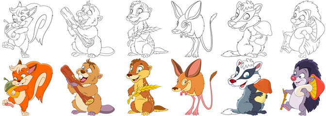 Cartoon animals set. Squirrel with acorn, beaver with wooden log, groundhog (marmot) with wheat ear, jumping jerboa, badger with mushroom, hedgehog with mushroom. Coloring book pages for kids. © Sybirko