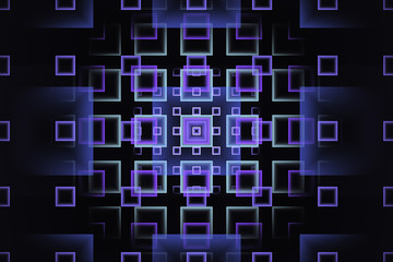Abstract fractal design with purple and cyan gradient squares, on dark background
