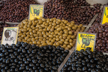 Different kinds of olives sold on the Greek market