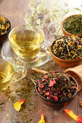 Composition with cup of tea and bowls of tea leaves