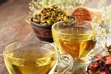 Composition with cup of tea and bowls of tea leaves