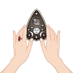 Hand drawn art ouija board mystifying oracle planchette in female hands isolated. Antique style boho chic sticker, tattoo or print design vector illustration