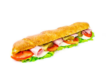long sandwich with tomatoes and ham on white background 2